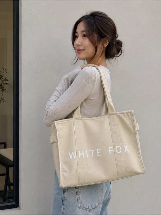 White Fox Boutique Handbags - White Fox Boutique Cream Canvas Logo Tote